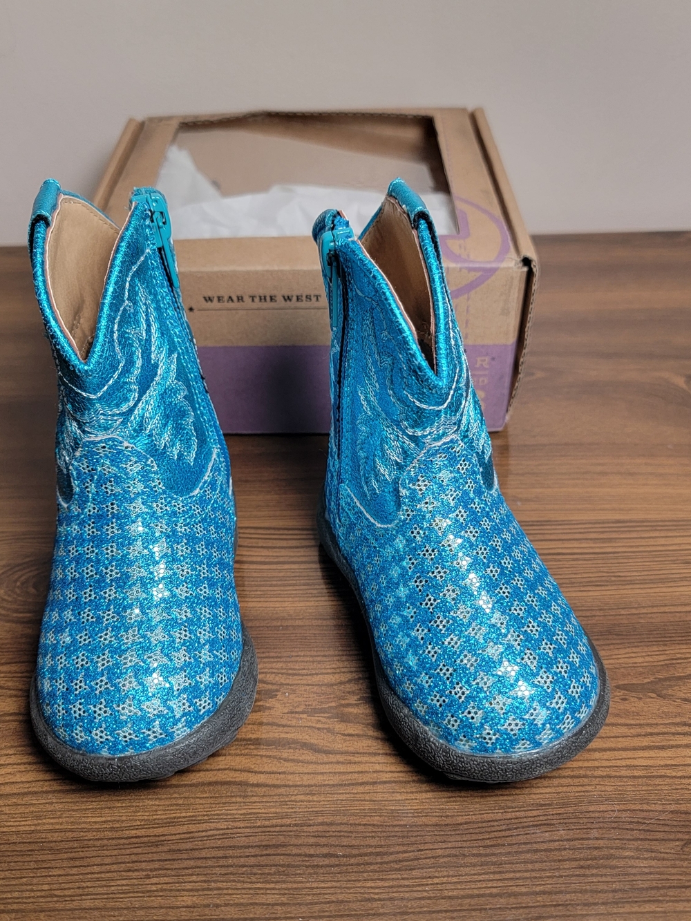 Roper Cowbabies Glitter Gleam Teal Sparkle Girls' Western Boots - Size 4 Toddler